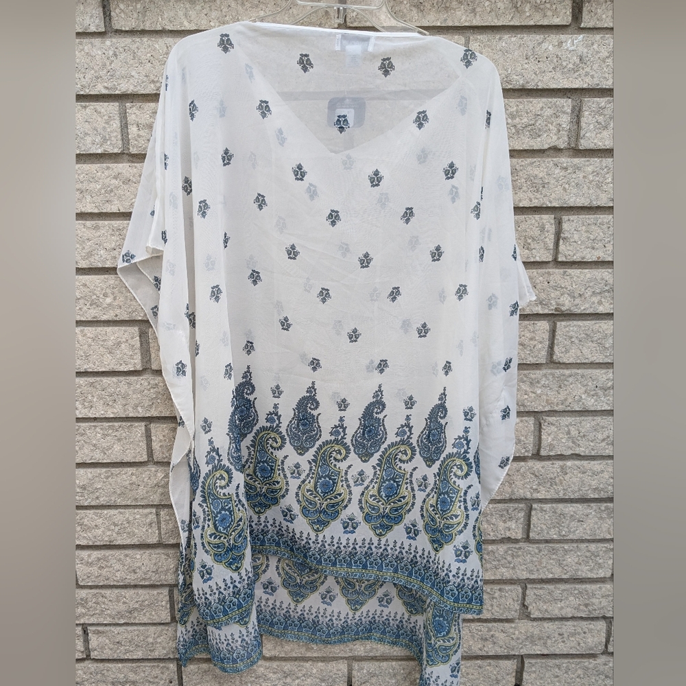 Avenue Swimsuit White Sheer Poncho Coverup Cruise Beach OSFM Blue Paisley NEW